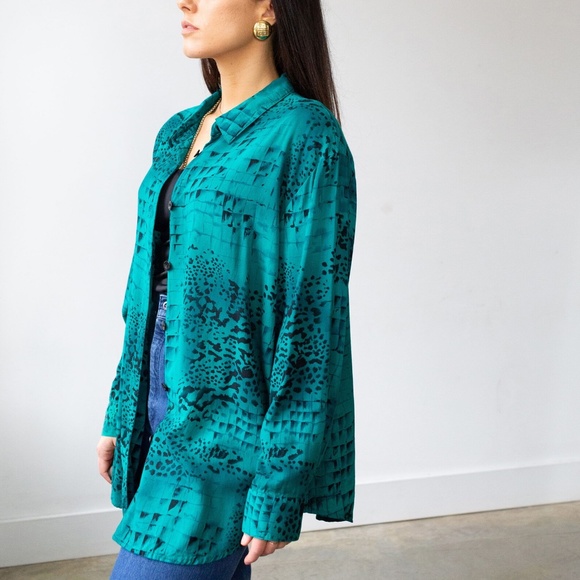 Vintage Teal Cheetah Print Blouse L - Picture 2 of 7